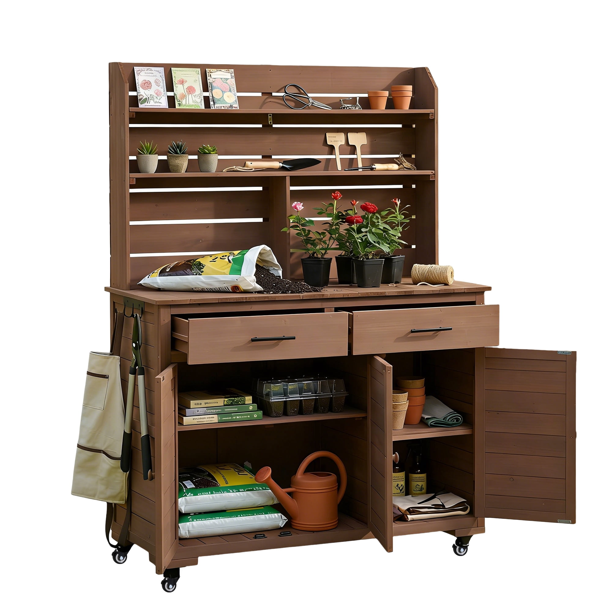 Mintazer 65"H Rolling Outdoor Potting Bench with 2 Drawers & Storage Cabinet, Farmhouse Kitchen Island Prep Cart with Hutch Top & Shelves, Brown