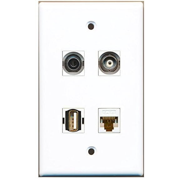 RiteAV - 1 Port USB A-A 1 Port 3.5mm 1 Port BNC 1 Port Cat6 Ethernet White Wall Plate