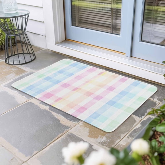 Blue Pink Plaid Door Mat Indoor Outdoor, Pastel Green White Buffalo Patchwork Non Slip Welcome Mat with Rubber Backing, Absorbent Fabric Front Door Mats Entryway Rug for Home Patio Entrance 16"x24"