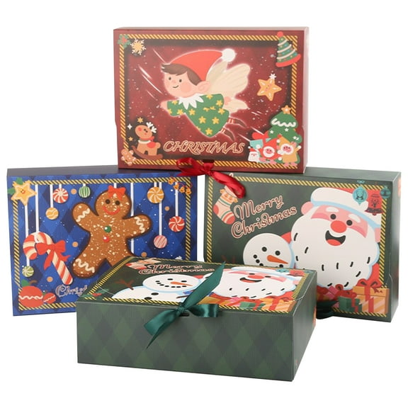 12 Packs Of Christmas Theme Pattern Gift Boxes With Lids, Foldable Gift Wrap Boxes With Ribbon Hard Cardboard (4 Pcs Per Style)