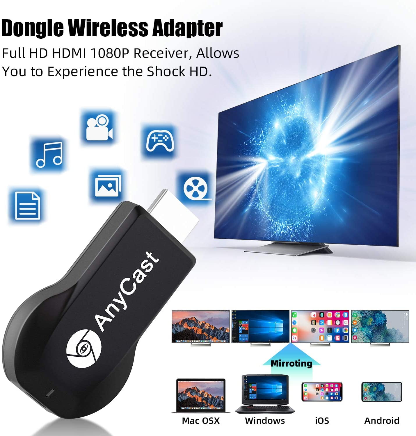Soporte Miracast/Airplay/DLNA WiFi Display Dongle MiraScreen 2.4G Wireless 1080P HDMI Adaptador Miracast Dongle Streaming TV Stick para Android/iOS/Windows/Mac OS 