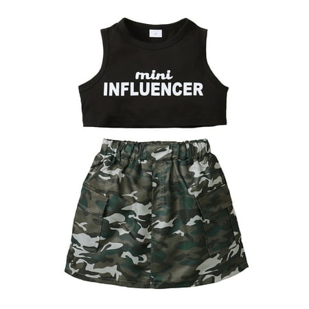 

Kucnuzki Toddler Girl Clothes 3T Summer Skirt Sets 4T Sleeveless Solid Color Cool Letter Vest Top Elastic Camou Skirt 2PC Sets Black