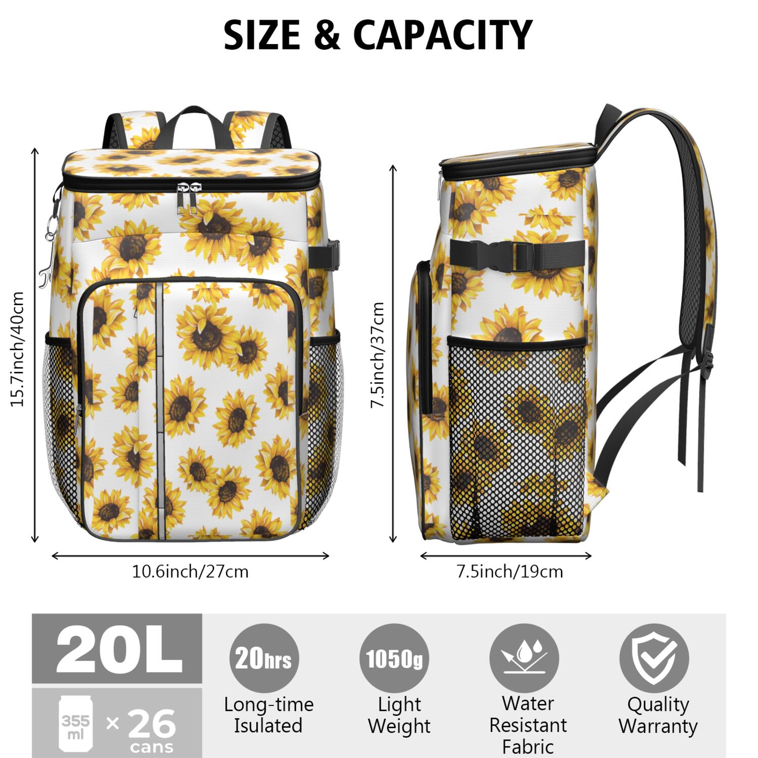 Travel Cooler Bag - White Sunflower Camping Beer Cooler Backpack with Bottle Opener- Waterproof Insulated Picnic Backpacks - Cooler Bag for Beach