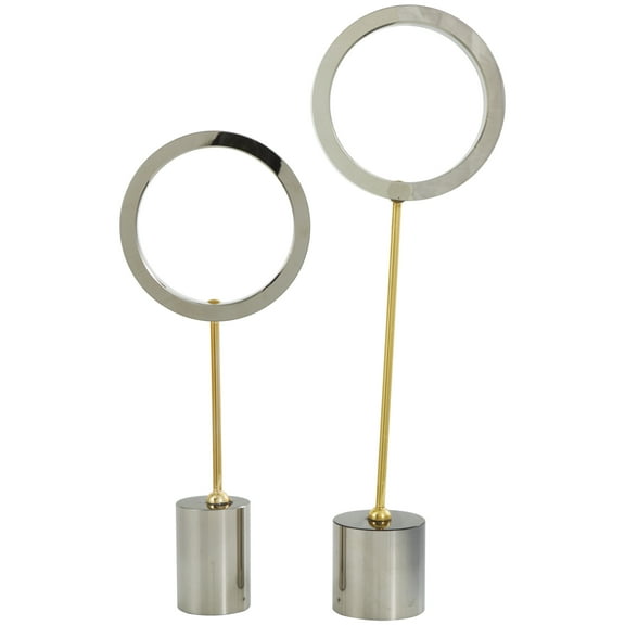 20", 16"H Silver Glass Round Hoop Geometric Sculpture with Gold Stands and Clear Cylinder Bases, by DecMode (2 Count)