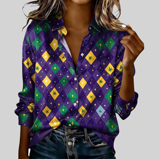 TaTaai Womens Carnival Party Shirt Long Sleeve Round Neck Polyester Casual Top Lightweight Printed Festival Wear Small Fit Gift