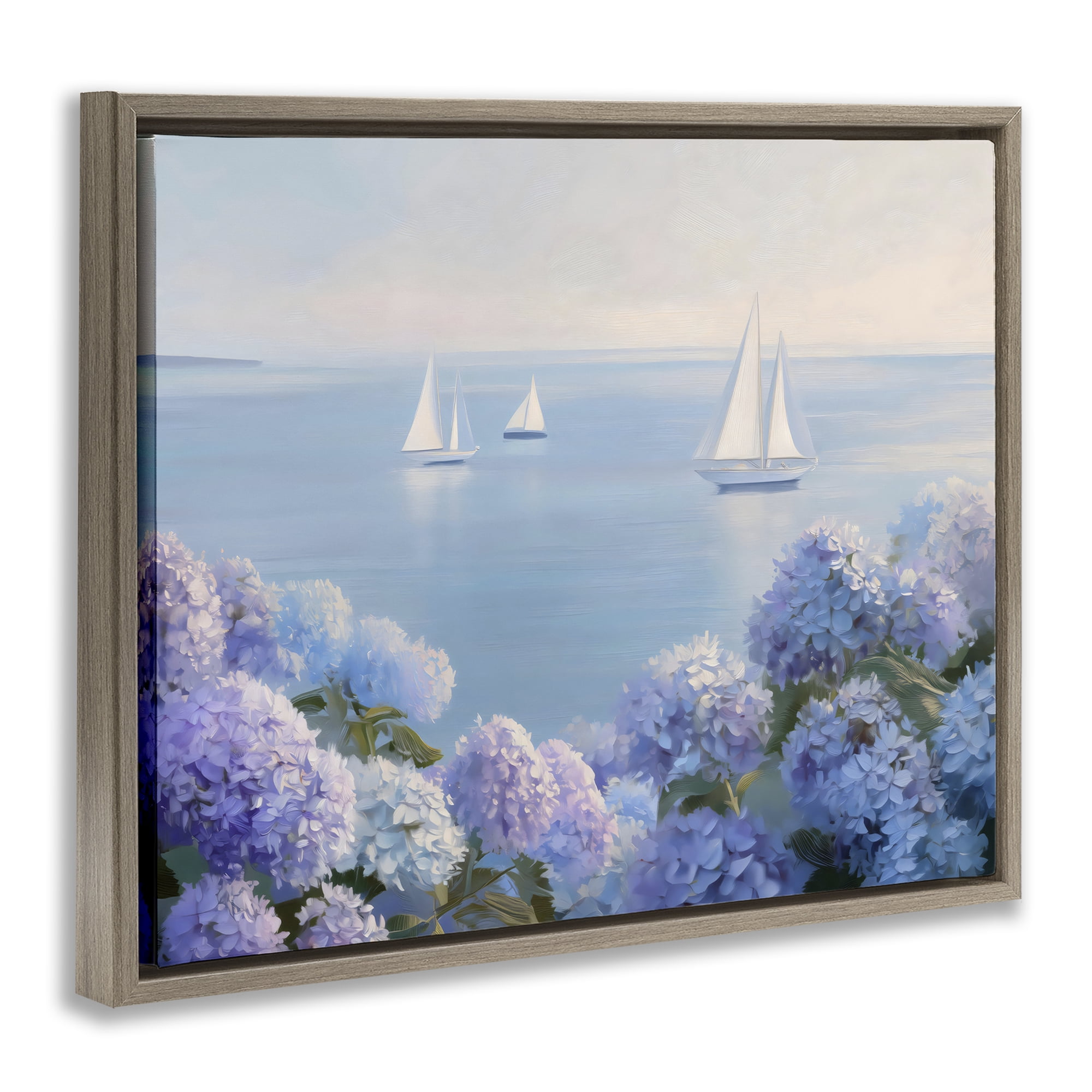 Stupell Industries Sailboats & Hydrangeas at Sea Brown Framed Floater Canvas Wall Art, design by LSR Design Studio