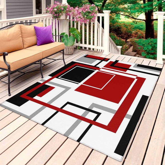 Red Black Geometric Outdoor Rug for Patio/Deck/Porch, Non-Slip Large Area Rug 3 x 5 Ft, Contemporary Gray Abstract Stripes Indoor Outdoor Rugs Washable Area Rugs, Reversible Camping Rug Carpet Runner