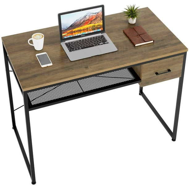 Cinak Writing Computer Desk 42 Inch Modern Simple Style Home Office Study Table With Shelf Drawer Easy Assembly Rustic Brown Com Cinak Writing Computer Desk 42 Inch, 42 Inch Writing Desk With Drawers