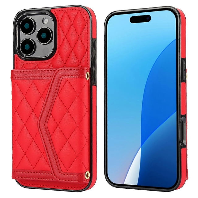 For iPhone 16 Pro Case Card Holders RFID Blocking PU Leather+TPU Phone Cover with Shoulder Strap - R