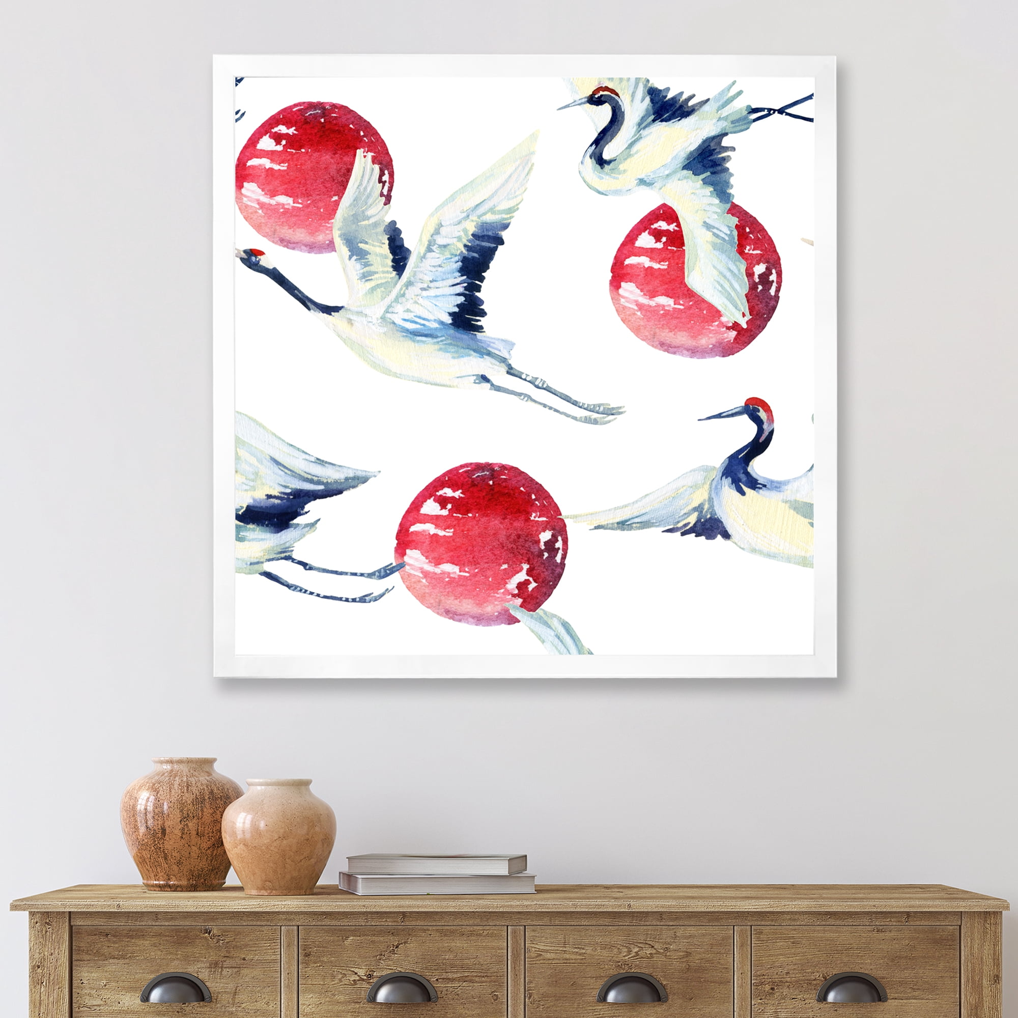 Designart 'Red Full Moon With Asian Crane Bird' Traditional Framed Art Print