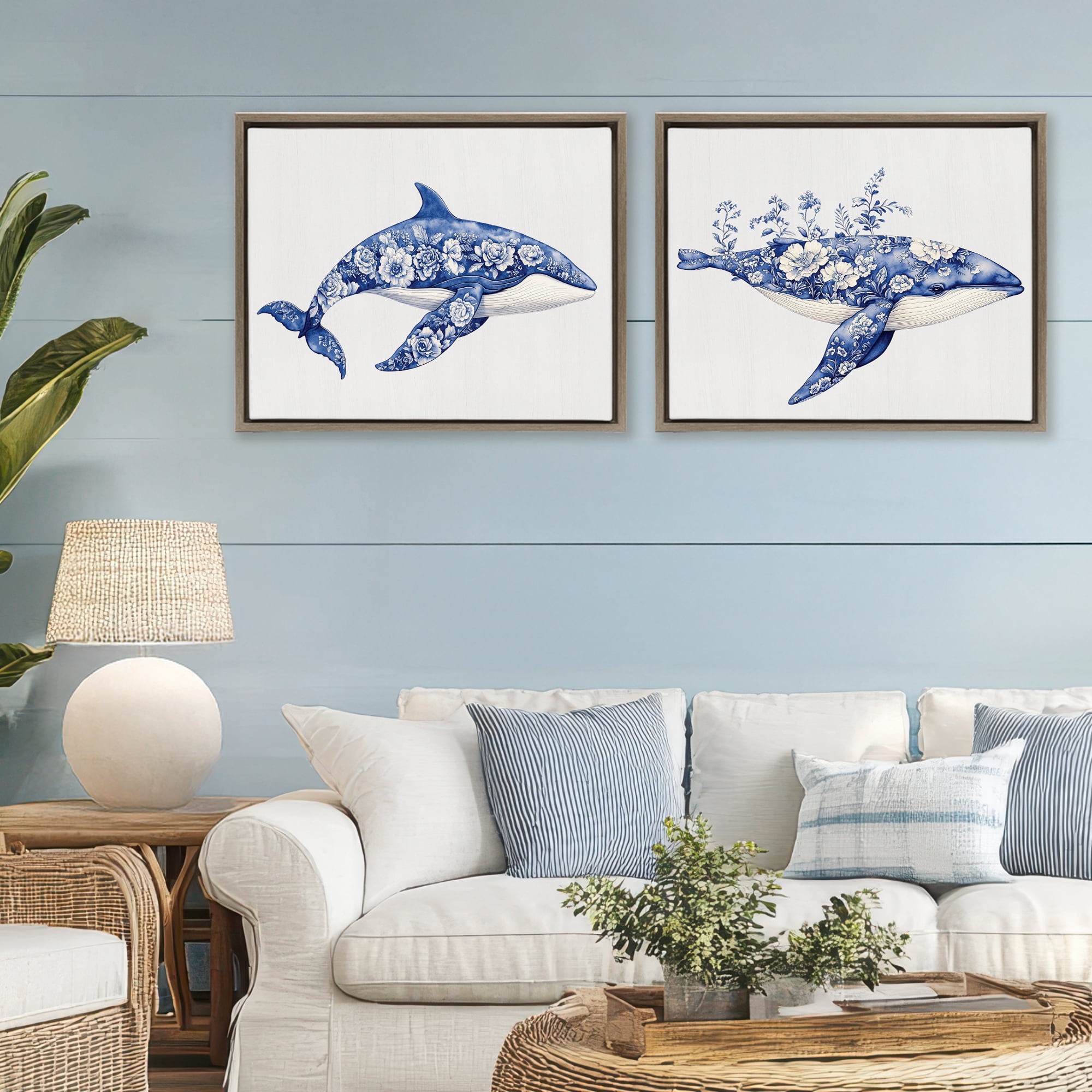 Blooming Toile Pattern Whales 2 Piece Brown Framed Floater Canvas Set, design by Lettered and Lined