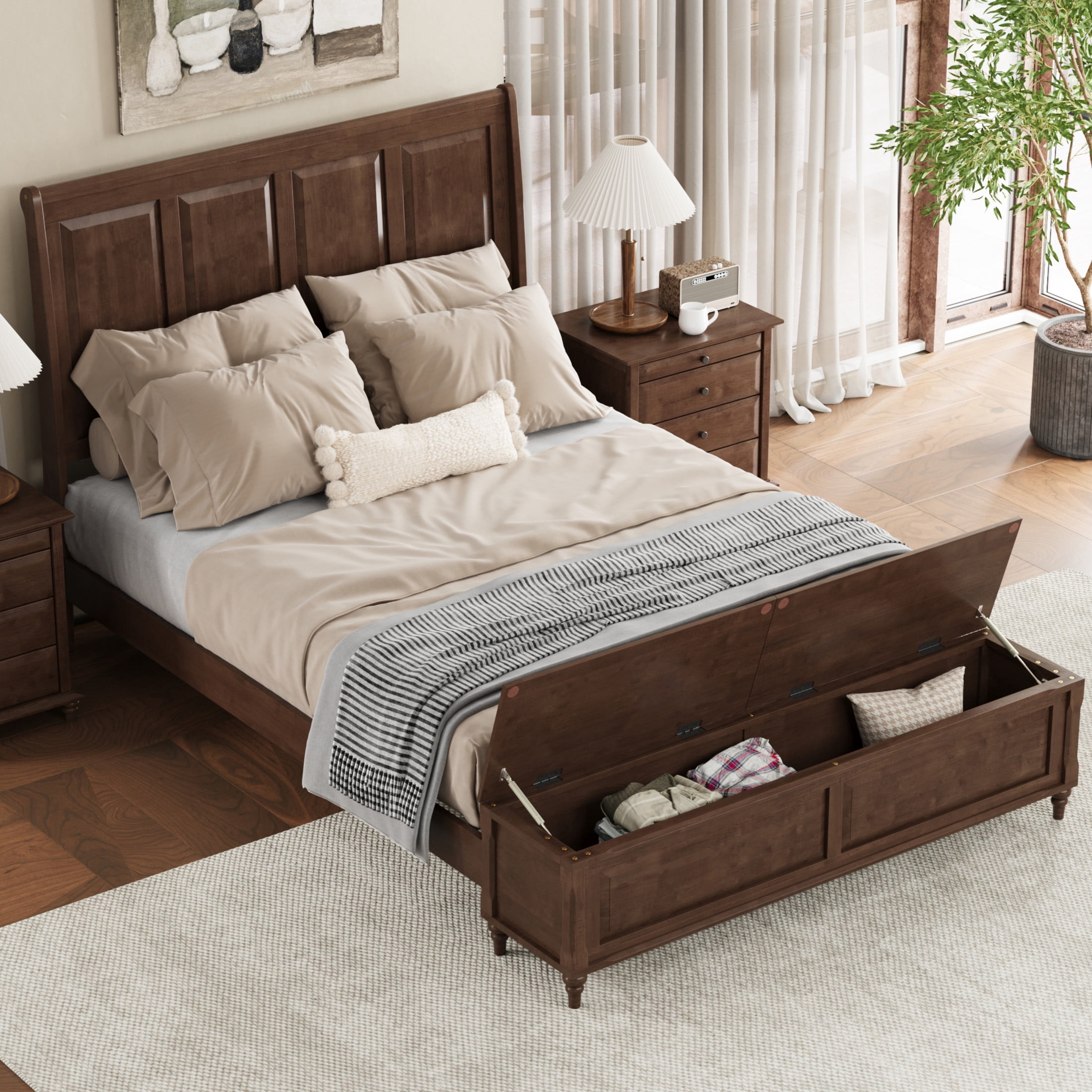 GDF Studio Queen Size Solid Wood Sleigh Bed with Tall Headboard and Storage Bench, Walnut