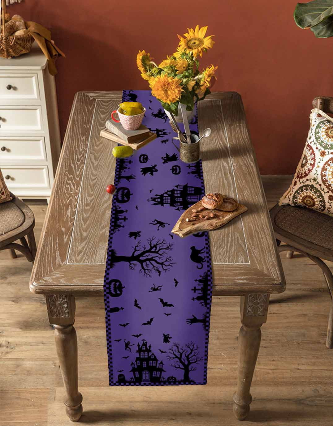 Halloween Purple Table Runner 36 Inches, Spooky Ghost Castle Pumpkin Plaid Bed Runner Dresser Scarves Tabletop for Indoor Outdoor Parties/Ceremony/Banquet, 13"x 36"