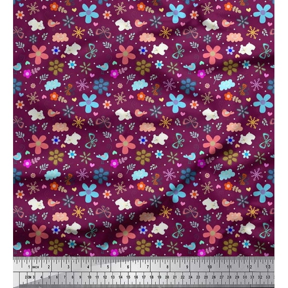 Soimoi Cotton Cambric Fabric Bear,Bird & Floral Clip Art Print Fabric by The Yard 42 Inch Wide