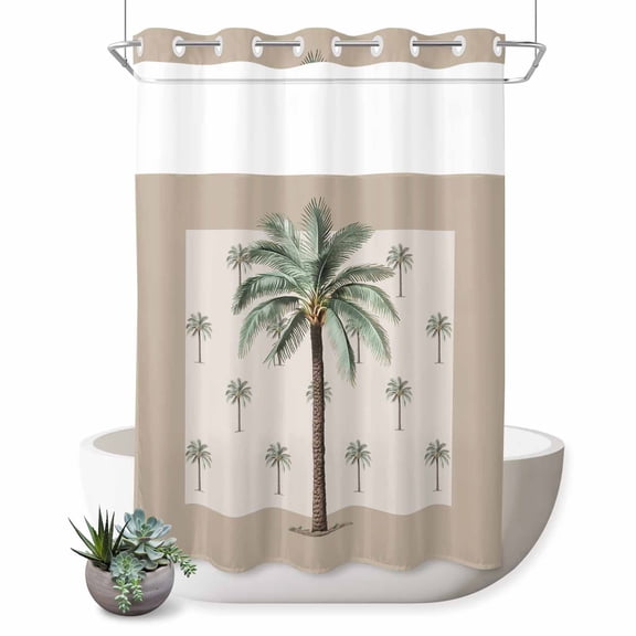 No Hook Shower Curtain, Palm Trees Shower Curtains for Bathroom with See Through Top Window, Brown Tropical Plants Summer Green Waterproof & Washable Bath Curtain Extra Long 72"x96"