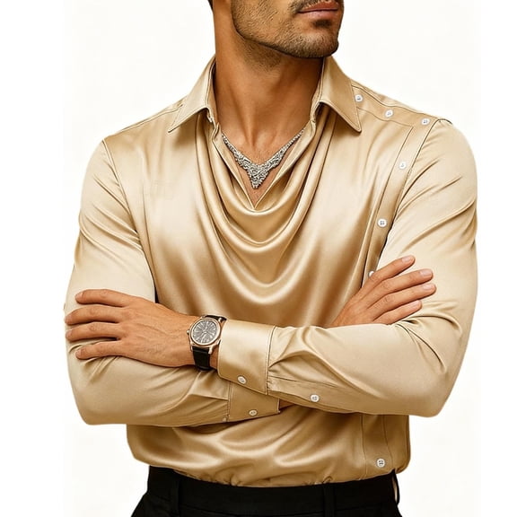 hotojiny Silk Satin Shirts for Men Cowl Neck Long Sleeve T Shirt Casual Ruched Collar Wedding Party Prom Shirts Spring Outfit