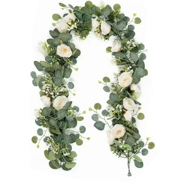 Hiroekza Home Decor Greenery Garland 6FT Artificial Garland With Flowers7 White Roses Breath Garland Floral Garland For Wedding Party Centerpiece Table Runner Decor