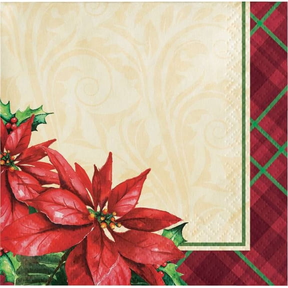 Holiday Plaid Poinsettia Symbols Paper Beverage Napkins 16 Per Pack
