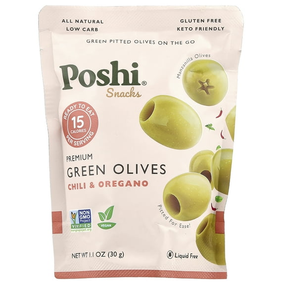 Poshi Snacks, Premium Green Olives, Chili & Oregano, 1.1 oz (30 g)