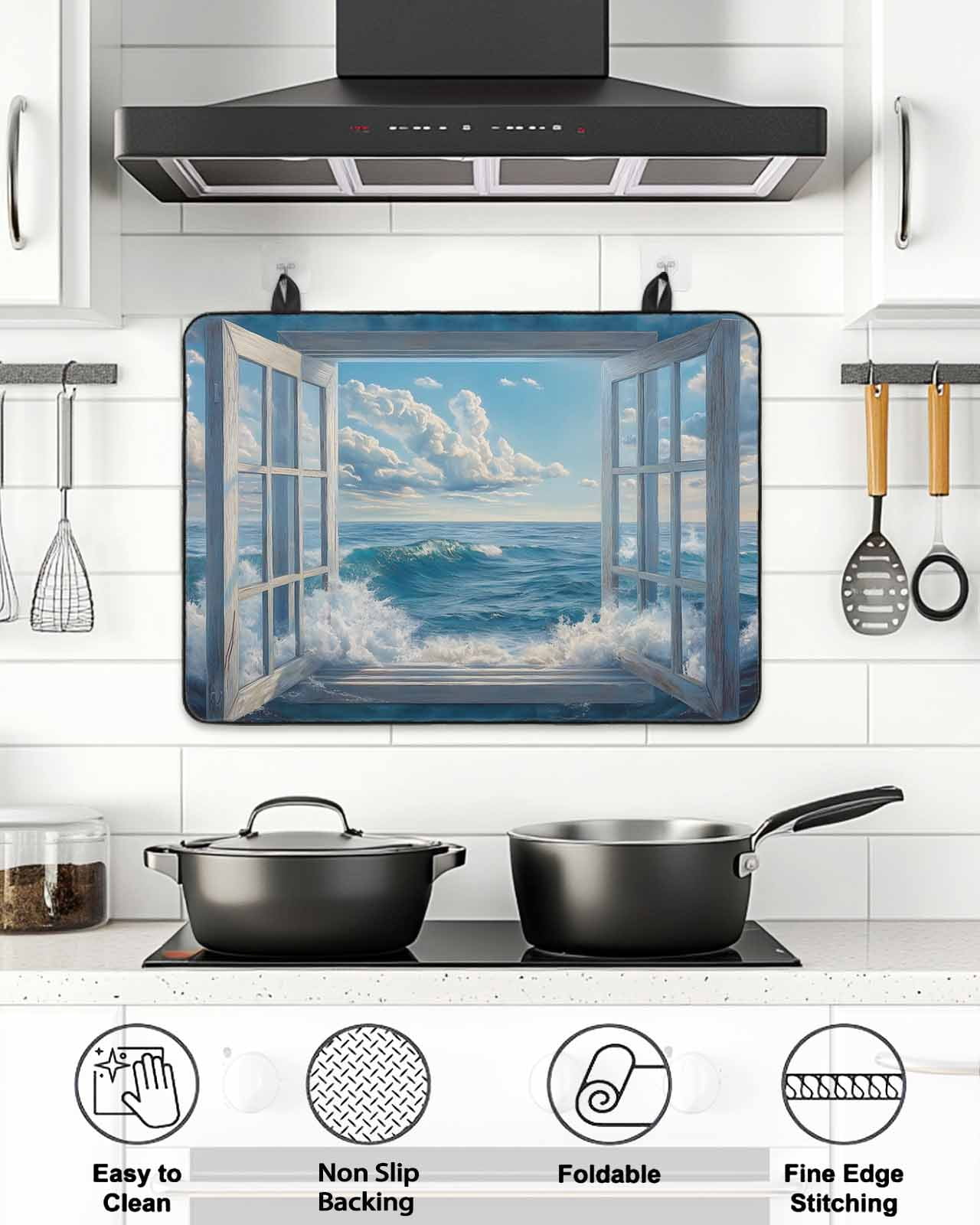Stove Top Covers for Electric Stove, Coastal Glass Stovetop Cover Protector, Window Nautical Beach Blue Seaside Induction Cooktop Protector Oven Mat for Kitchen Countertop 24"x21"