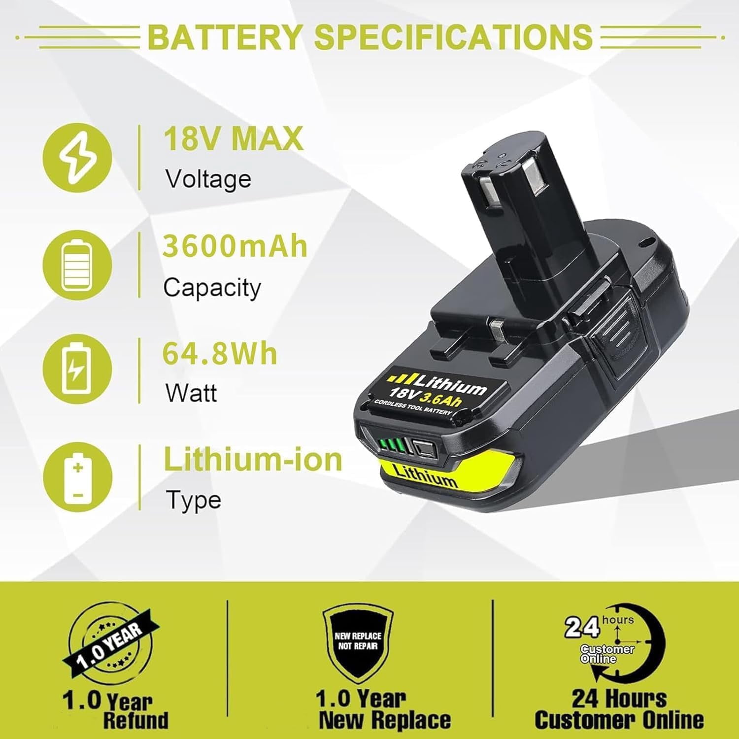 4Pack 18V 3.6AH P102 Lithium-Ion Battery Replacement for Ryobi 18V P108 P107