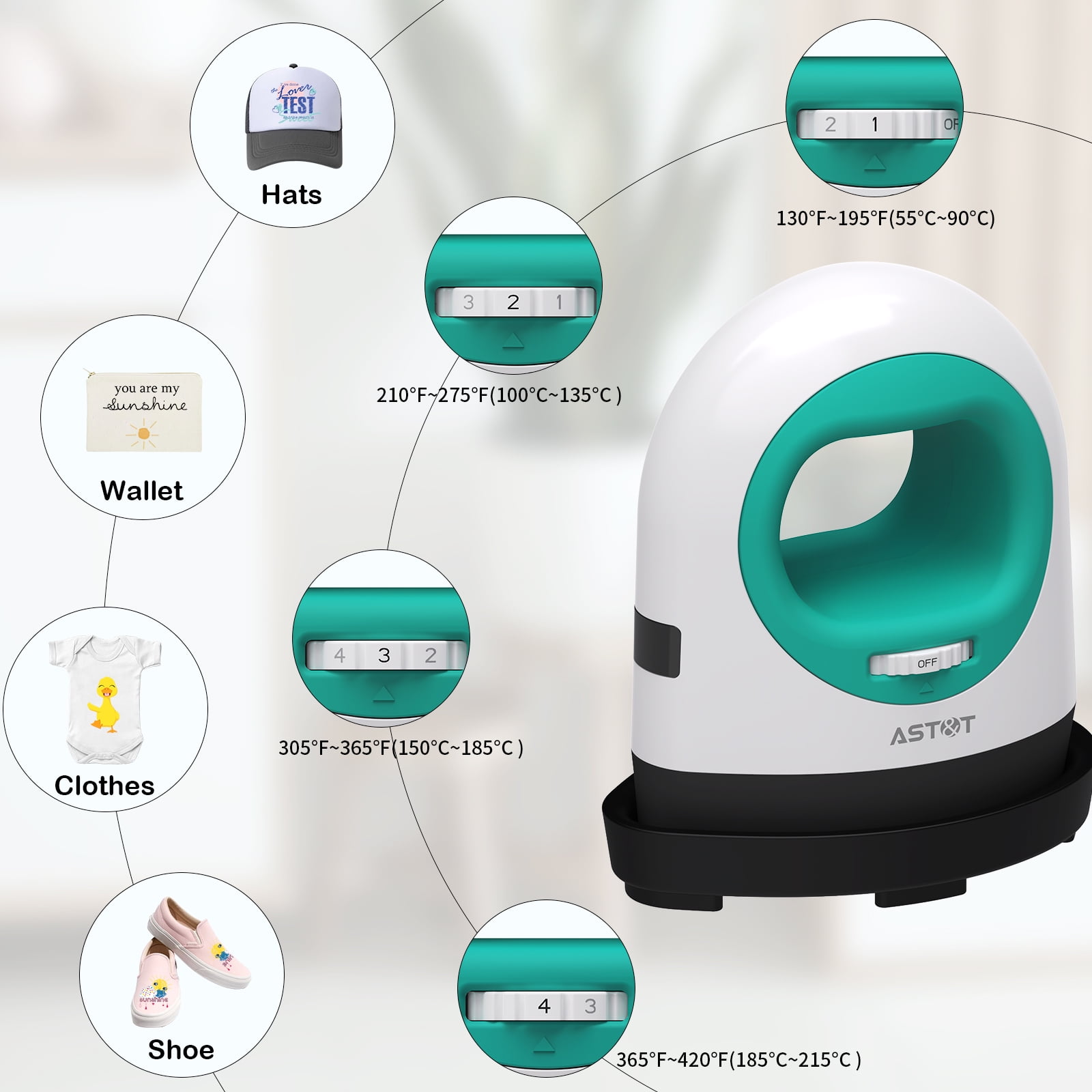 AST&T Mini Heat Press Machine Green, Portable Easy Iron with 4 Heat Settings, Ideal for DIY HTV & Sublimation Projects