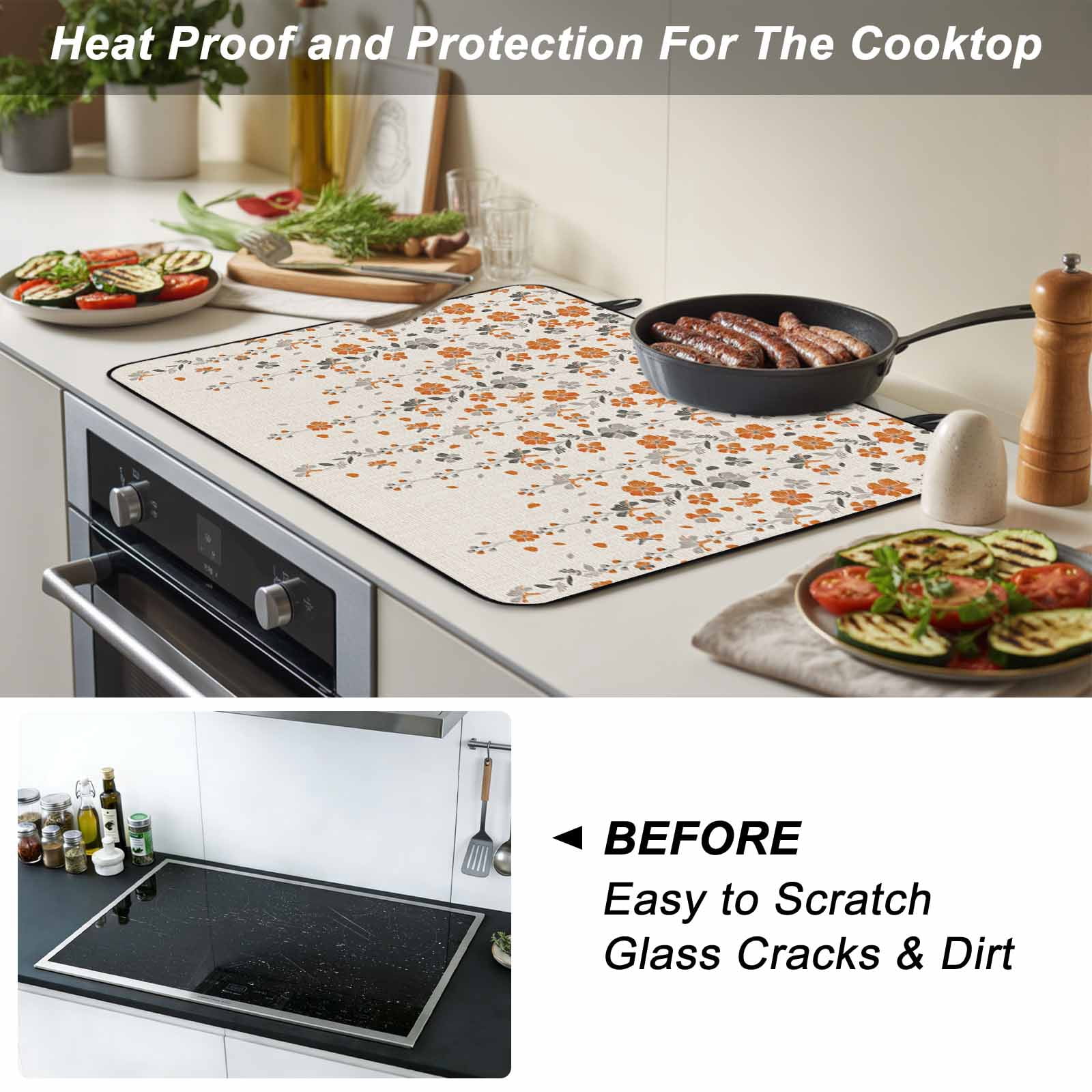 Weeping Flowers Stove Top Cover for Electric Stove,Heat-proof & Non Slip Glass Top Stove Cover Protector,Orange Grey Spring Floral Botanical Rustic Burlap Kitchen Flat Cooktop Rubber Mat 36x21 Inches