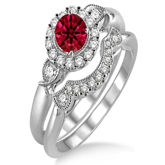 1.25 Carat Ruby & Diamond Antique Three Stone Flower Halo Bridal Set on 10k White Gold