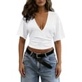thumbnail image 6 of ZZkhGO Women's Crop Tops Ruched V Neck Short Sleeve Solid Casual Fashion Summer Slim Tops, White XXL, 6 of 7