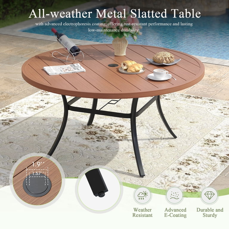 low patio table with umbrella hole VICLLAX 47.2" Round for 6, All Weather Metal Outdoor Dining Table Adjustable Hole, Walnut Wood-Like Tabletop : Patio, Lawn & Garden clean Rectangular Patio Dining Table Famapy HDPE Outdoor Dining Table