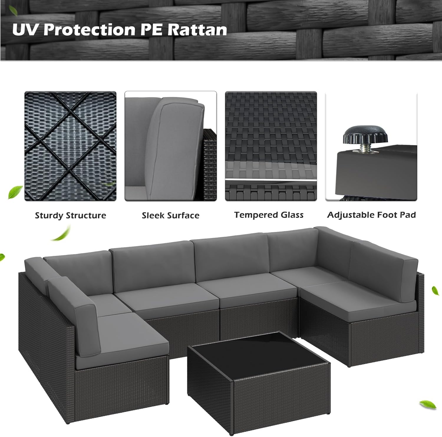 YODOLLA 7-Piece Patio Furniture Set with 30" Fire Pit Table, Rattan Wicker Outdoor Sectional Sofa Couch with Table Patio Conversation Set for Lawn& Backyard In Gray