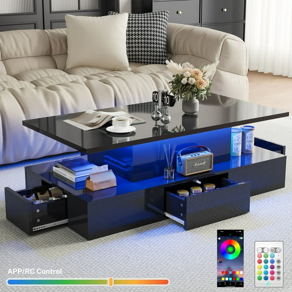 PAPROOS 41" LED Coffee Table with 4 Storage Drawers, High Gloss Black Rectangular Center Table for Living Room Bedroom, Modern Coffee Tables with Large Storage Space, App/Remote Control