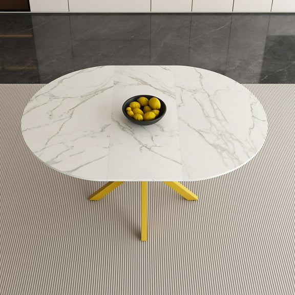 Modern Round Extendable Dining Table, Marble-Veined Tabletop with Carbon Steel X-Base, Space-Saving for Small Apartments & Kitchens, White