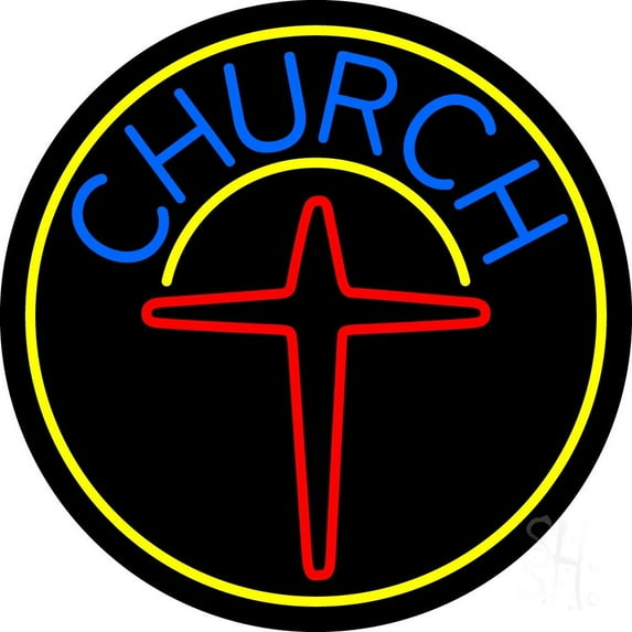 Blue Church With Cross Logo LED Neon Sign 26" Tall x 26" Wide - inches Black Square Cut Acrylic Backing, with Dimmer - Premium built indoor Sign for Home décor, Event, Religious place, Store interior.
