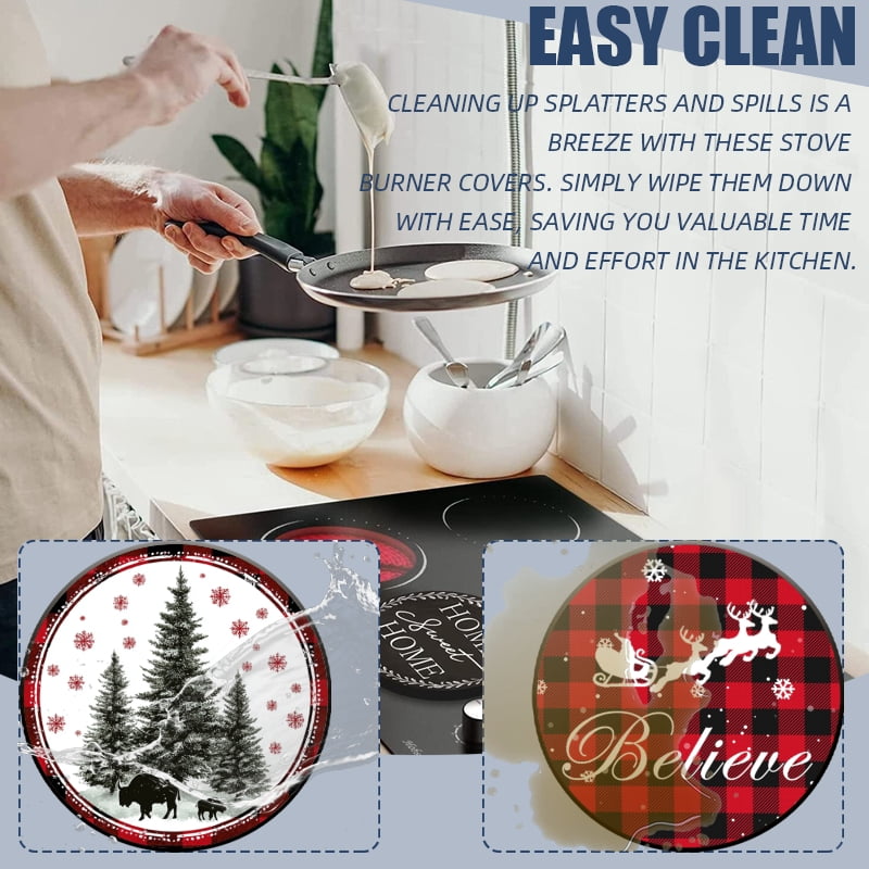 Christmas Stove Burner Covers for Electric Stove, Merry Christmas Red Black Checkered Xmas Decorative Round Mental Electric Range Burner Covers Set of 4 for Kitchen, 8 Inches and 10 Inches