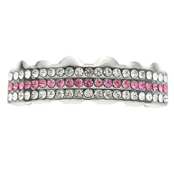 Pink Grillz Bling 3 Row Silver Tone Top Teeth Three Rows Hip Hop Grills