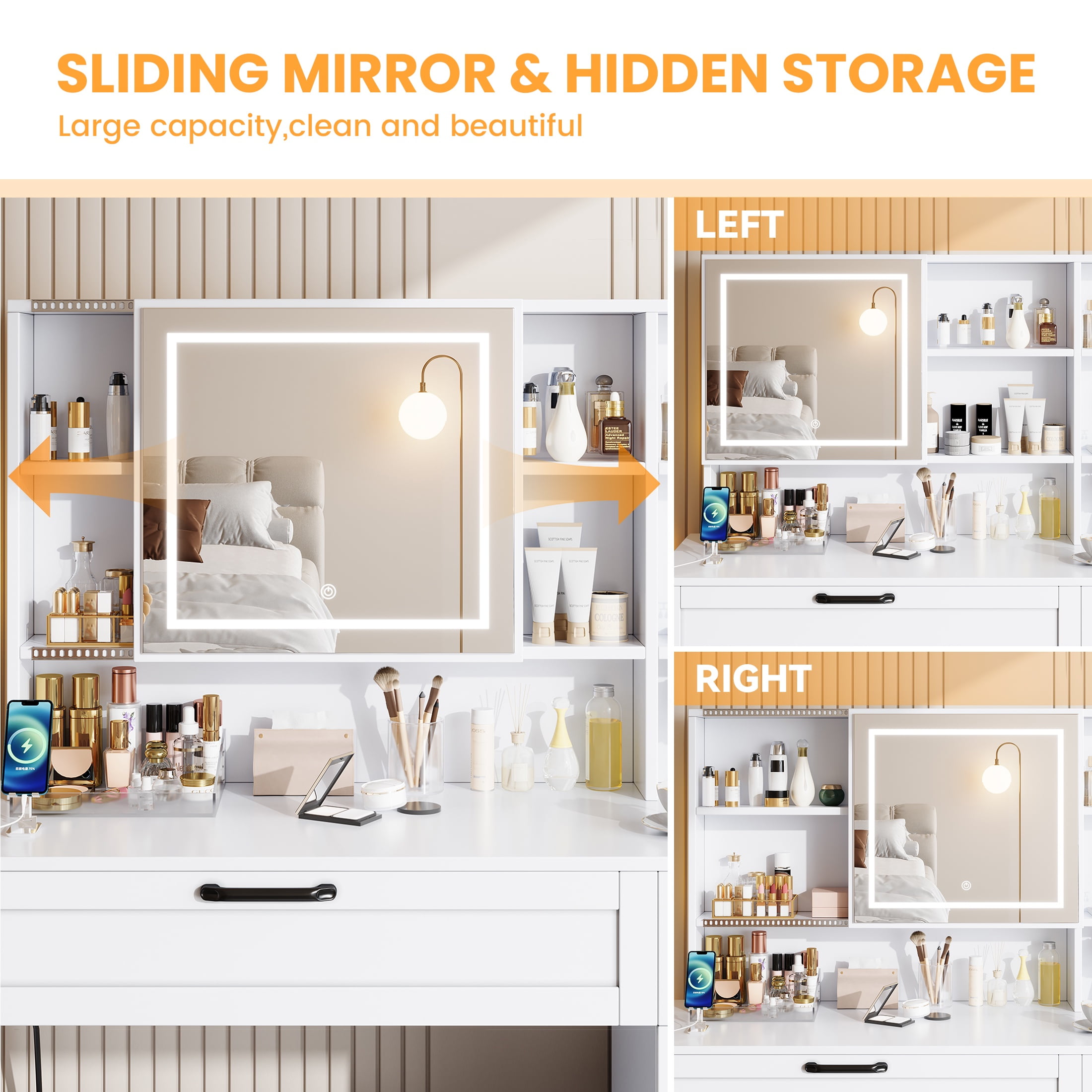 SESSLIFE Vanity Set with LED Sliding Mirror, White Makeup Table with 3 Drawers and Charging Station, Makeup Dressing Table Set with Cabinet for Women, Ladies Gifts
