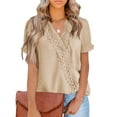 thumbnail image 2 of Mother's Day Gifts Fashion Women's Summer Casual V Neck Short Sleeve Solid Color Tops Pullover Blouse Khaki 10(XL), 2 of 3
