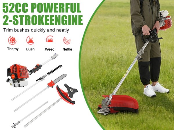 Floseru 2026 New Gas Weed Wacker - 52cc 2-Stroke 5 in 1 Multi-Functional Lawn Mower Hedge Trimmer Pruners Gas Powe Brush Cutter, Handheld Weed Eater for Garden and Yard Lawn