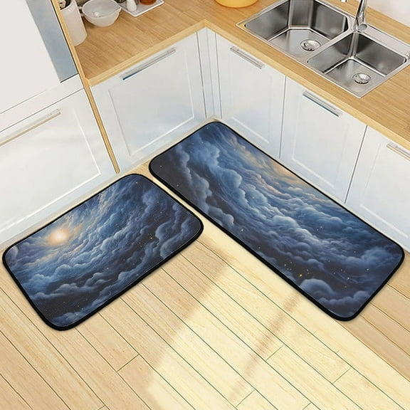 Moon in Clouds Kitchen Mats Set 2 Piece Non Slip Floor Foam Rugs Cushioned Soft Waterproof Carpet Runner for Dining Room Bathroom Laundry
