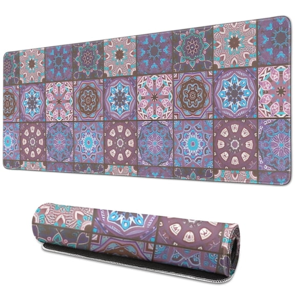 Long Mouse Pads for Desk,Purple Ethnic Geometric Patchwork Desk Mats on Top Of Desks, Desk Mouse Pad Extra Large with 3mm Non-Slip Base and Stitched Edge for Gaming,Work,Home 31.5"x11.8"