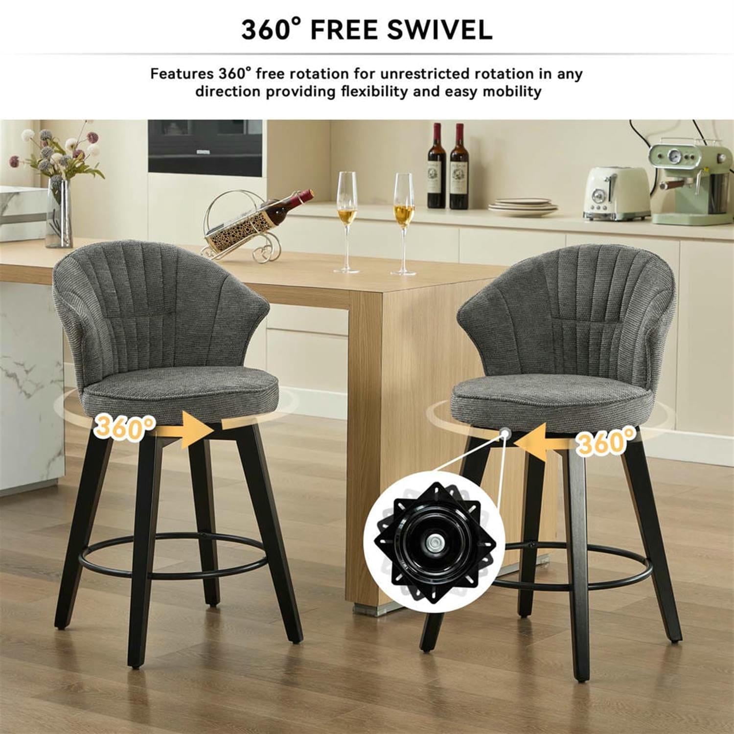 Demi Bonn 36" Counter Height Bar Stools Set of 2, Swivel Barstools with Back, Chenille Upholstered, Kitchen Island Countertop Chairs for Dining Room, Gray