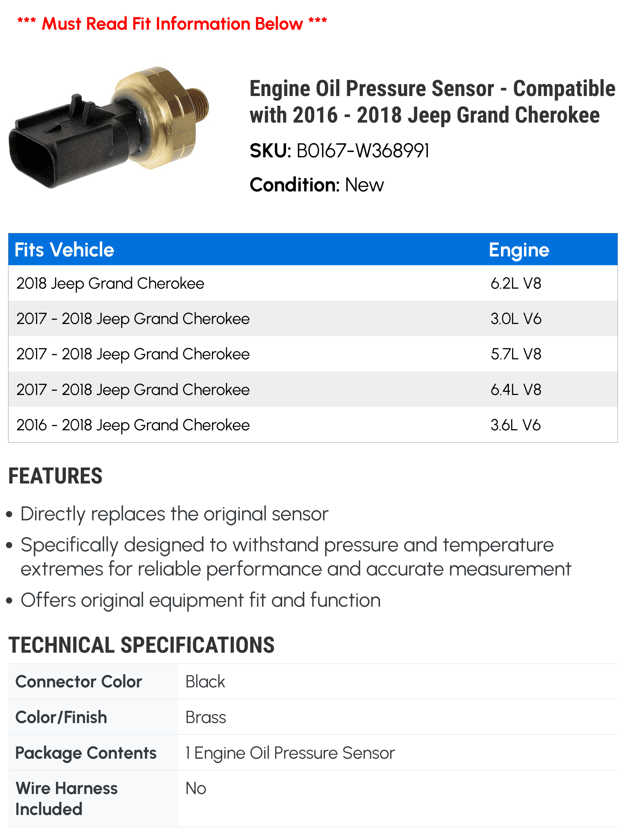 Engine Oil Pressure Sensor - Compatible with 2016 - 2018 Jeep Grand Cherokee - Dorman