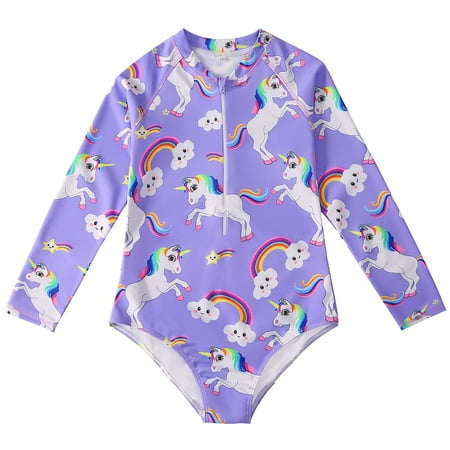 

Kids Girls Rashguard Swimsuit UV 50+ Long Sleeve One Piece Swimwear Zip 1-8 Years