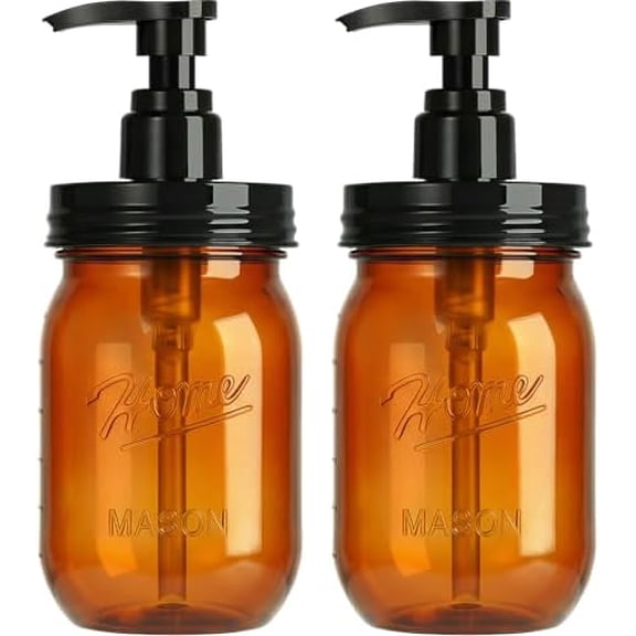 16oz Plastic Mason Jar Soap Dispenser with Pump, 2 Pack Refillable Farmhouse Dispenser for Kitchen Bathroom