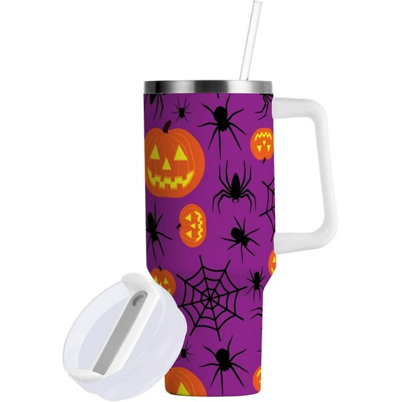 Emelivor Halloween Spider Web Pumpkin 40 oz Tumbler with Lid and Straw Insulated Tumblers with Handle Travel Coffee Mug Cup Large Water Bottles Cup for Men Women Sports Gym