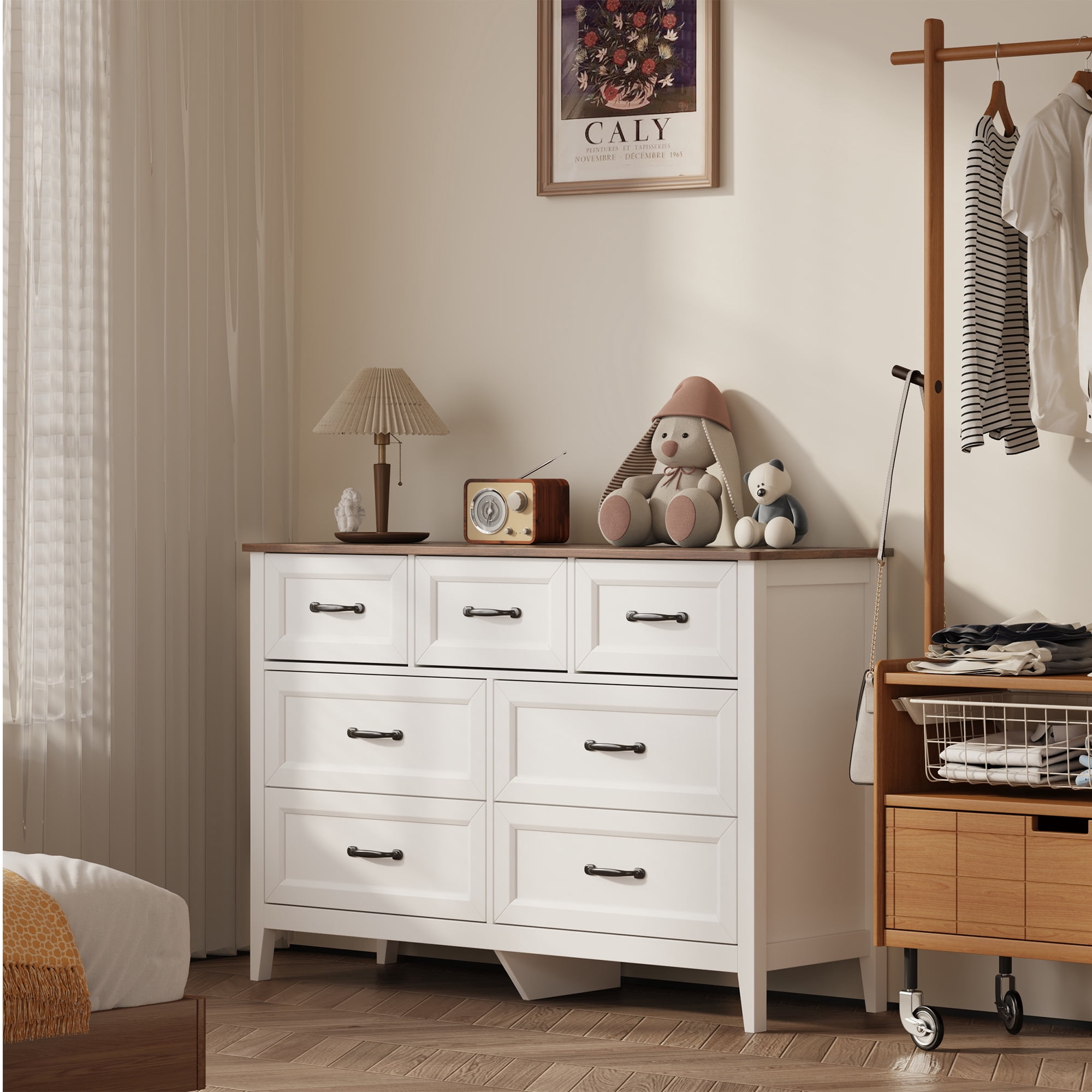 Aiho 7-Drawer Double Dresser - Modern Wood Chest with Anti-Tip Safety, Cutout Handles & Smooth Gliding Drawers, White
