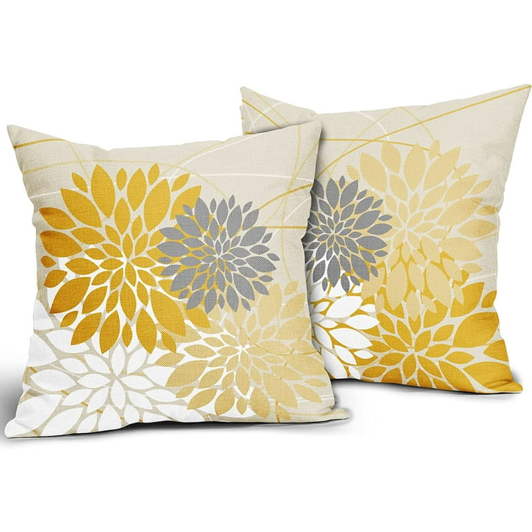 Yellow Grey Gray Throw Pillow Covers 20x20 Inch Dahlia Flower Decorative Pillows Modern Geometry Floral Outdoor Farmhouse Pillowcase Linen Square