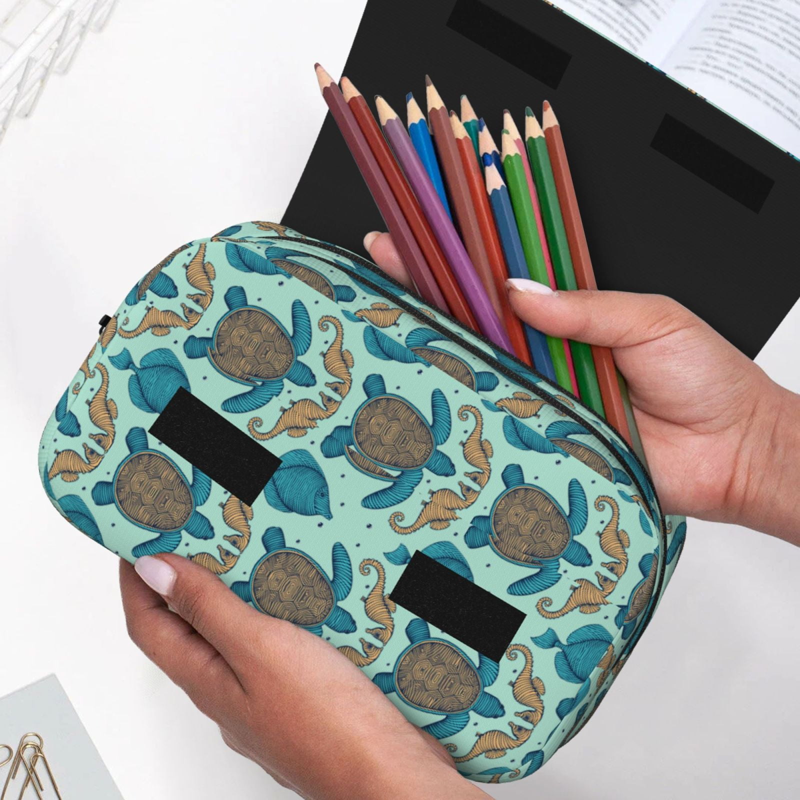 Rateoe Turtles And Seahorses Pattern Double Clamshell Pen Case, Storage Organizer with Two Zipper Compartments– Holds Up to 50 Pencils & Pens