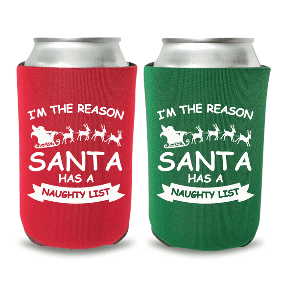 Christmas Can Coolers, I'm The Reason Santa Has A Naughty List, Funny Christmas Coolies, Christmas Party Favors and Gifts (2Pack (1 Green and 1 Red))